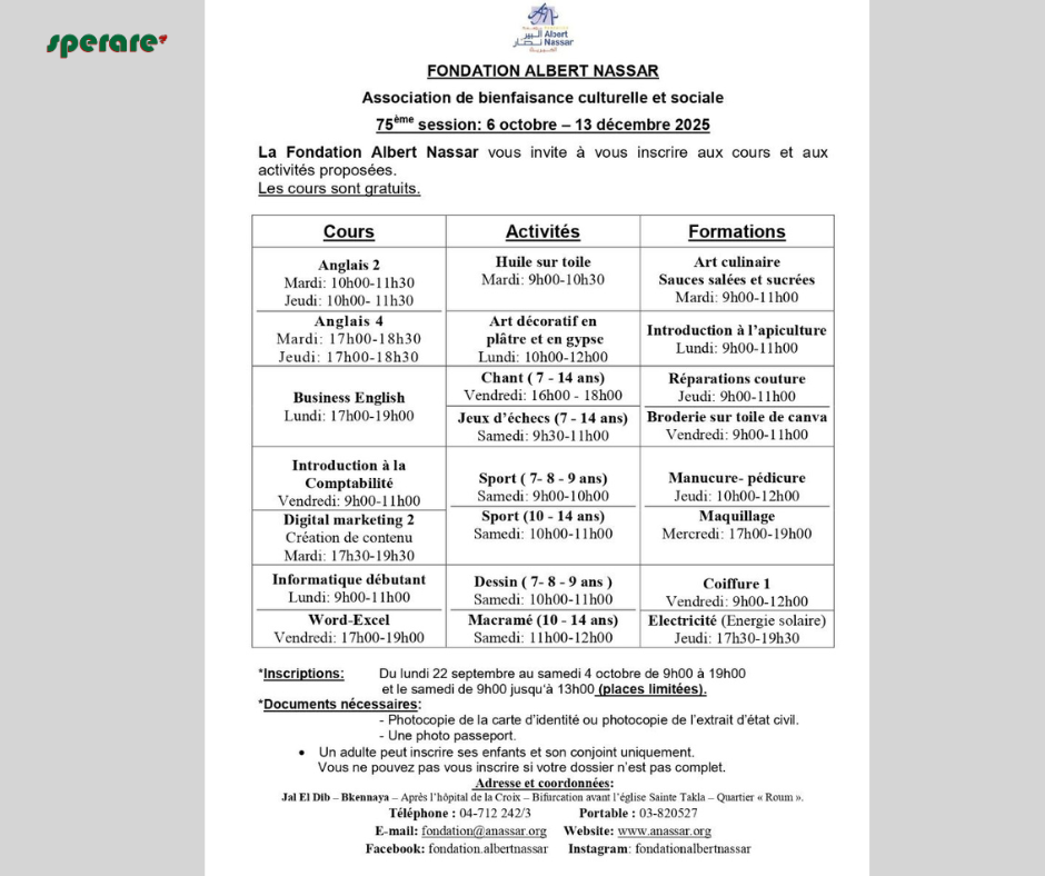 cours et activities proposées